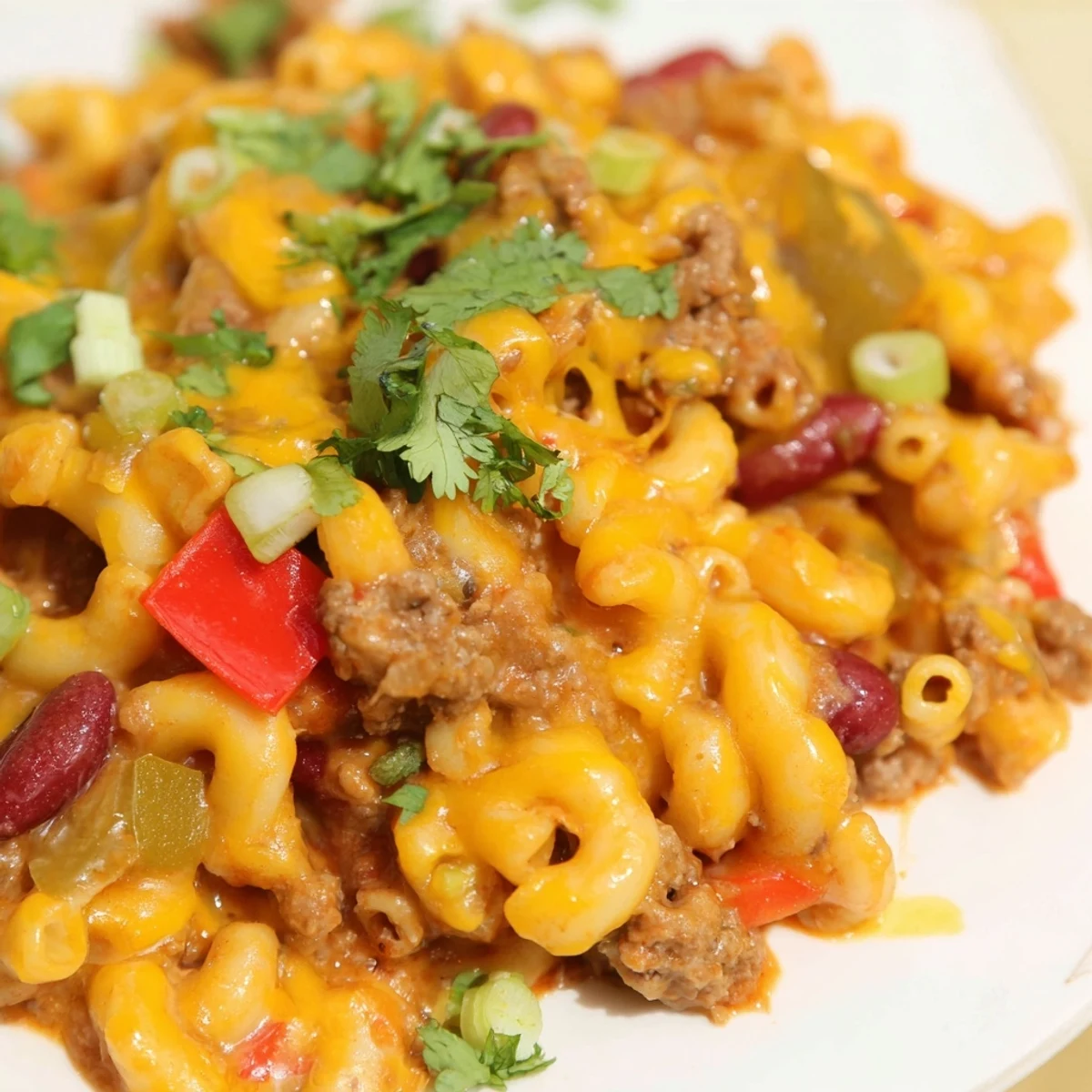 Golden macaroni mixed with seasoned ground beef chili in a rich, creamy cheese sauce