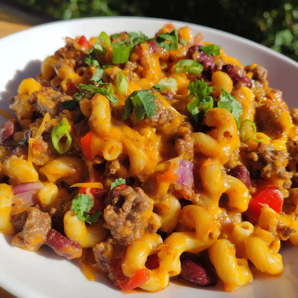 Steaming bowl of chili mac and cheese topped with melted cheddar and fresh green onions