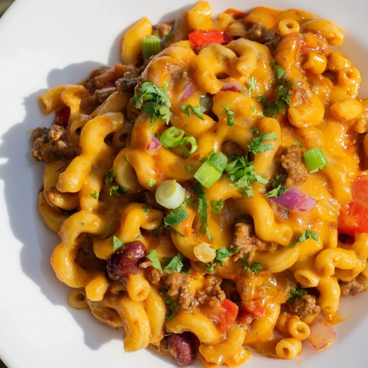 Hearty chili mac and cheese casserole with kidney beans, ground beef, and gooey melted cheese