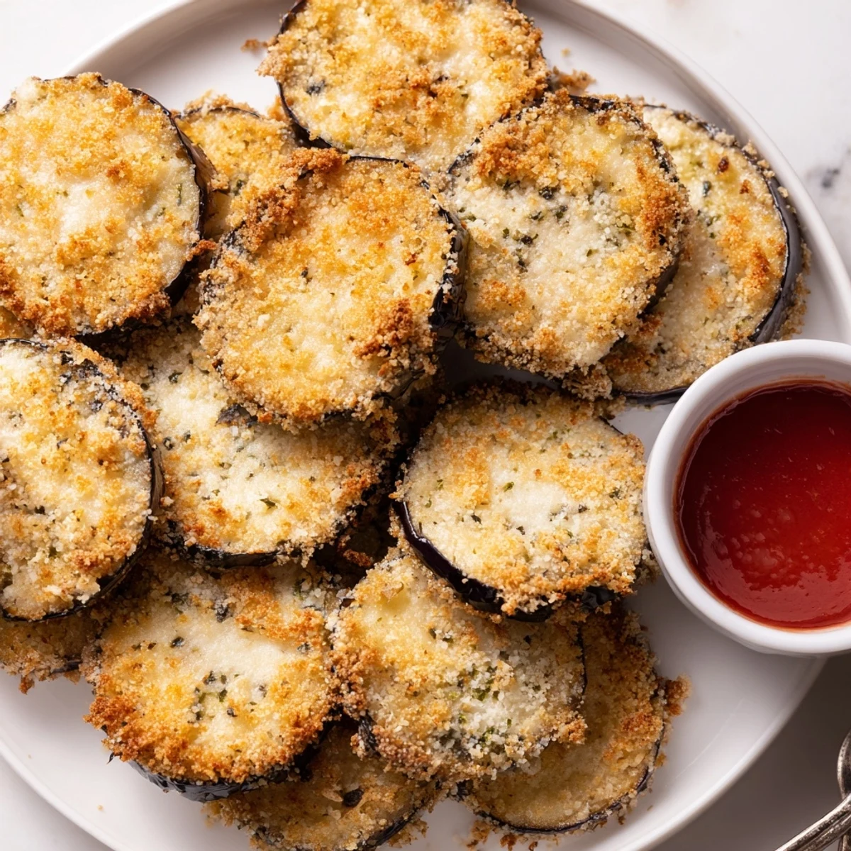 Crispy Baked Eggplant slices golden and crunchy, served hot with marinara