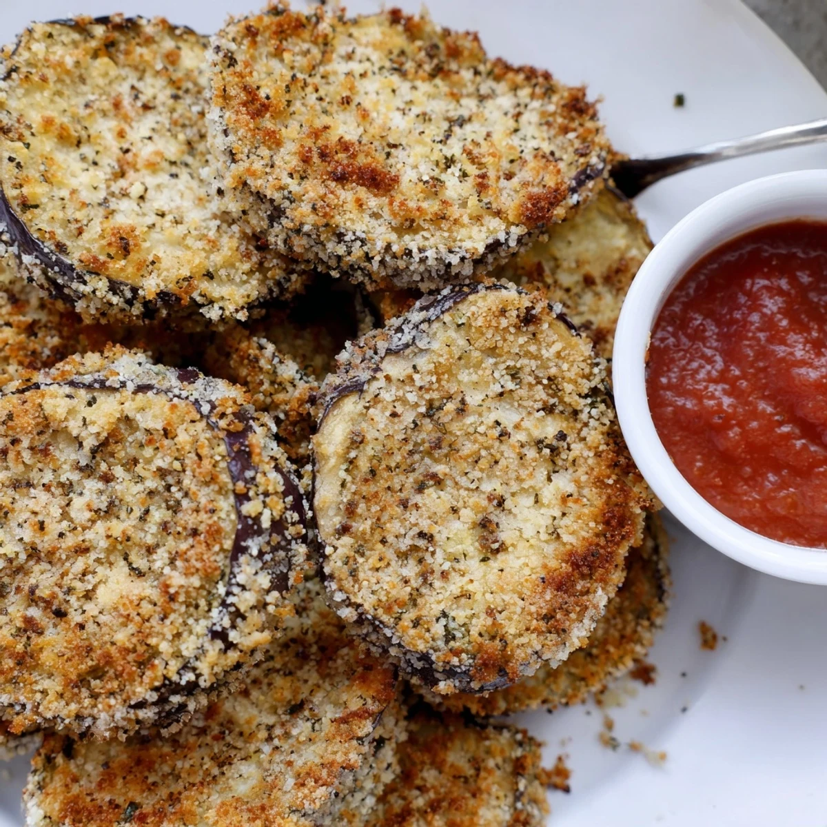 Warm Crispy Baked Eggplant rounds, breaded, fragrant with oregano and Parmesan