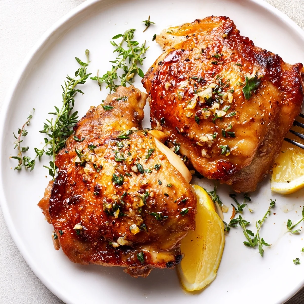 Lemon Pepper Chicken Thighs roasted to golden crackling skin with lemon wedges