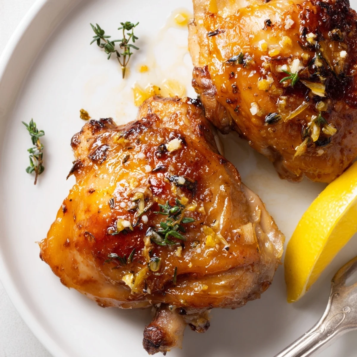 Lemon Pepper Chicken Thighs plated with roasted potatoes, parsley garnish and lemon wedge