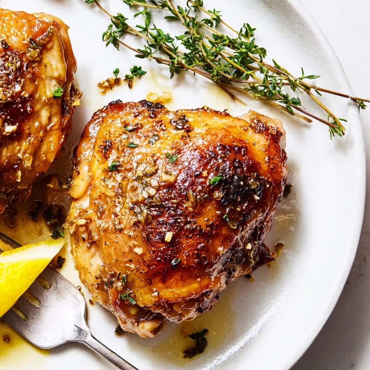 After roasting, Lemon Pepper Chicken Thighs rest, juices running under crispy skin