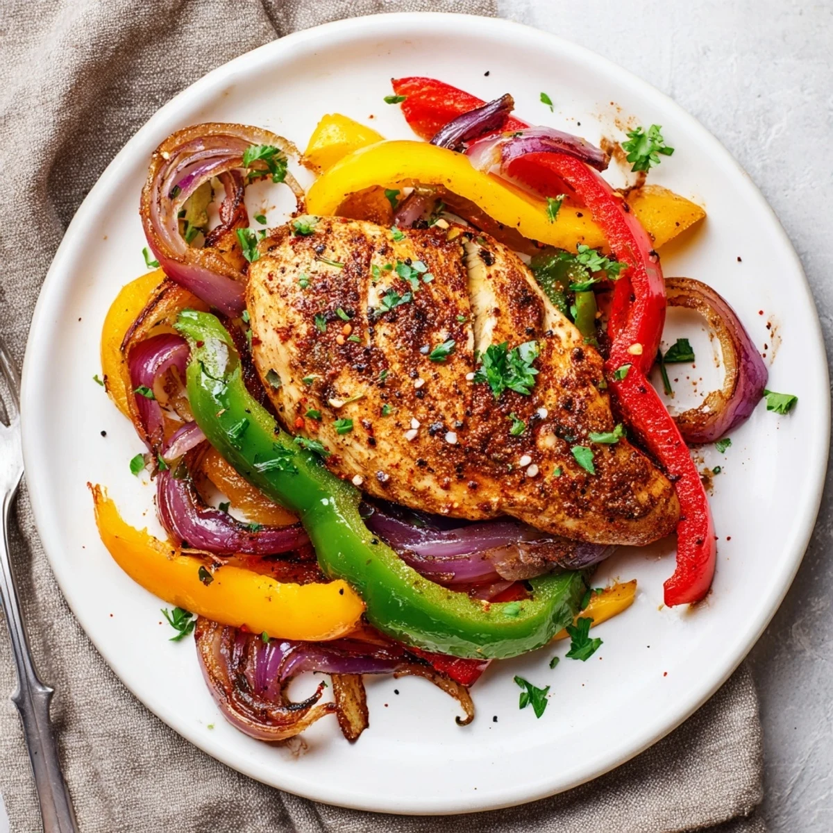 One Pan Chicken And Peppers sizzling in skillet, golden chicken and vibrant peppers.