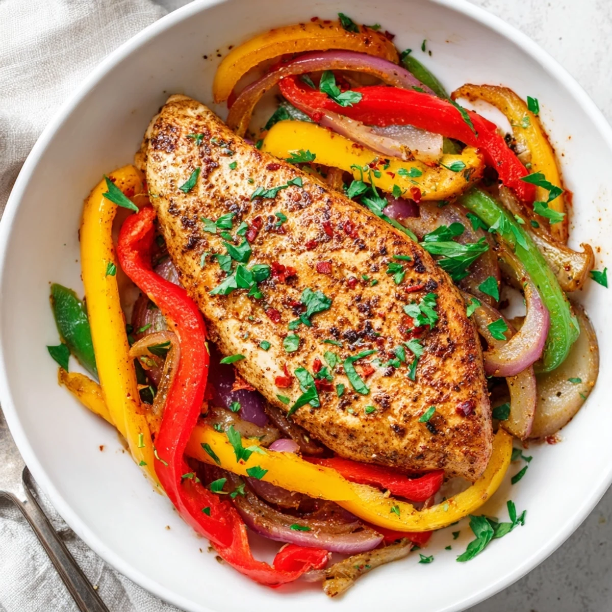 Roasted One Pan Chicken And Peppers served hot over rice with parsley garnish.