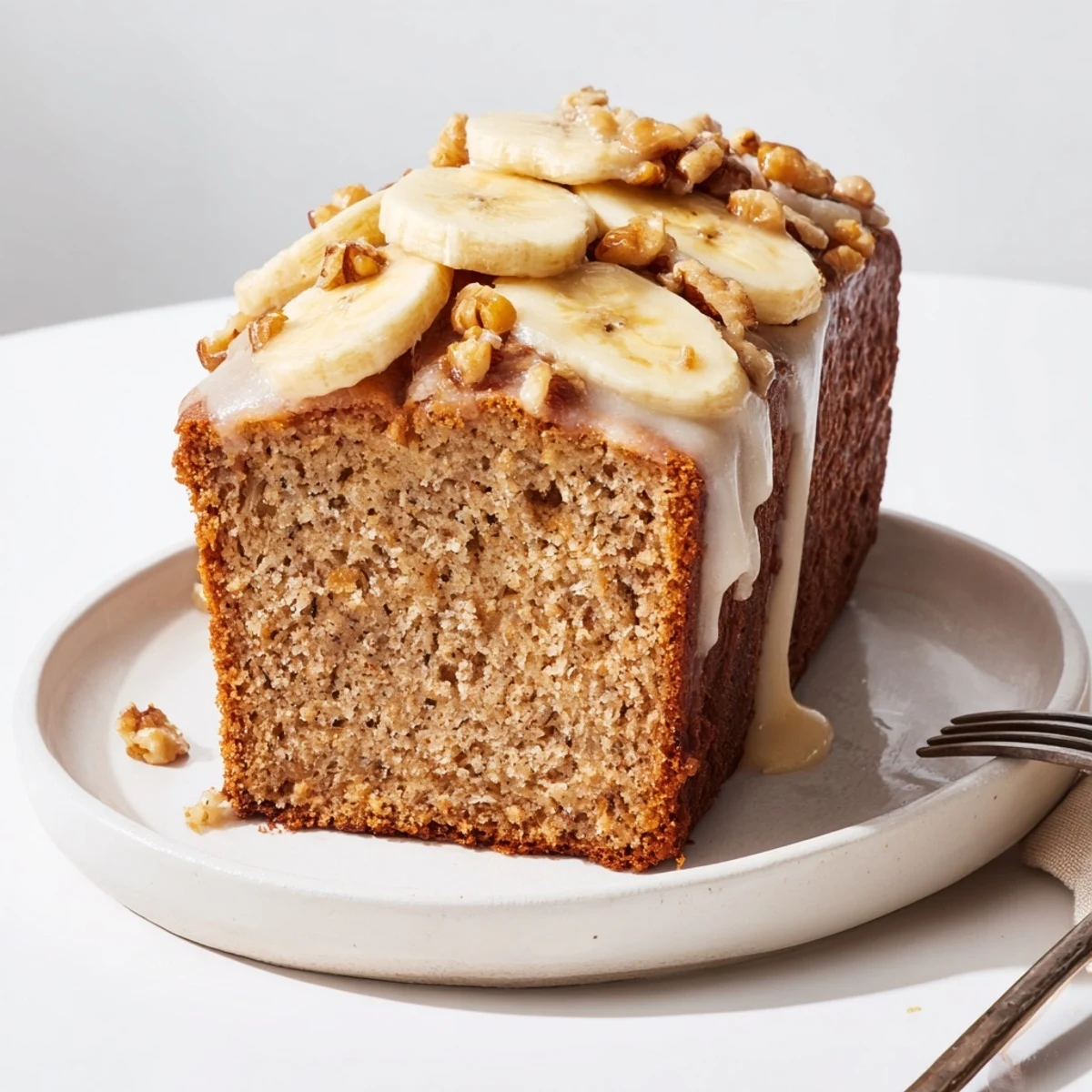 Warm Moist Banana Cake slice beside coffee mug, buttery crumb and vanilla glaze