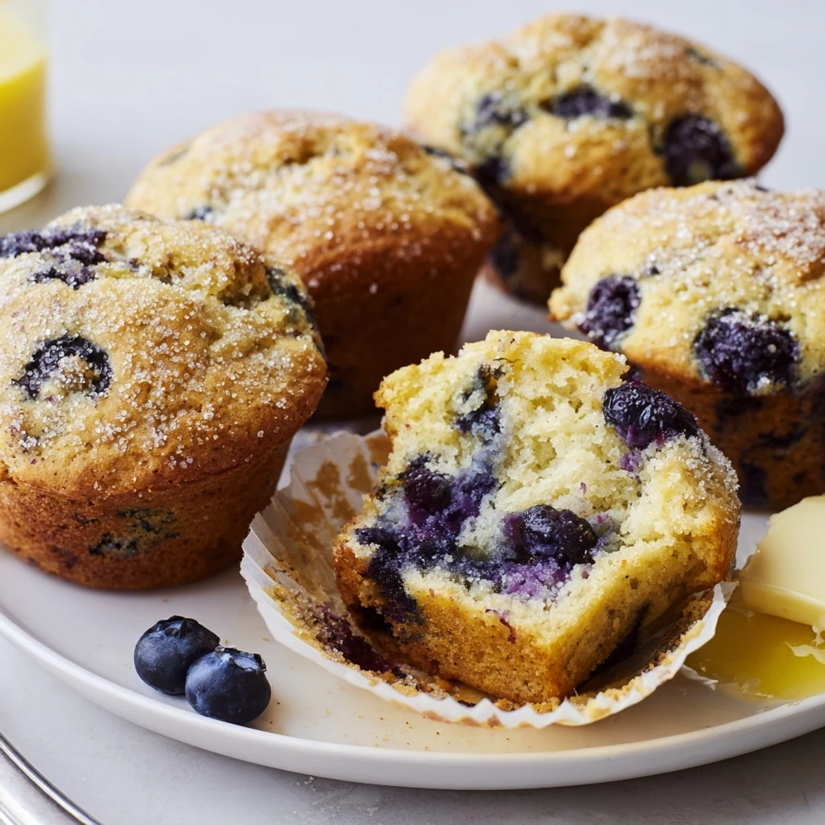 Blueberry Banana Muffins with golden tops, juicy berries, warm from oven.