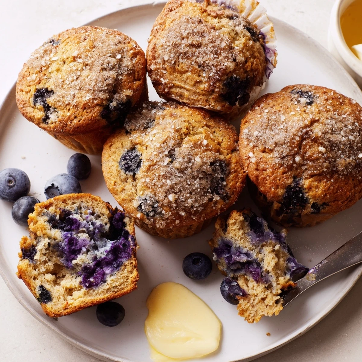 Homestyle Blueberry Banana Muffins studded with blueberries, banana aroma, tender crumb.