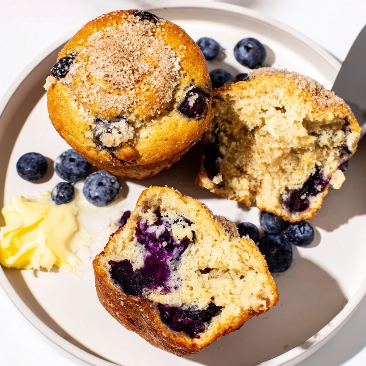 Fresh Blueberry Banana Muffins steaming on rack, slathered with melting butter.