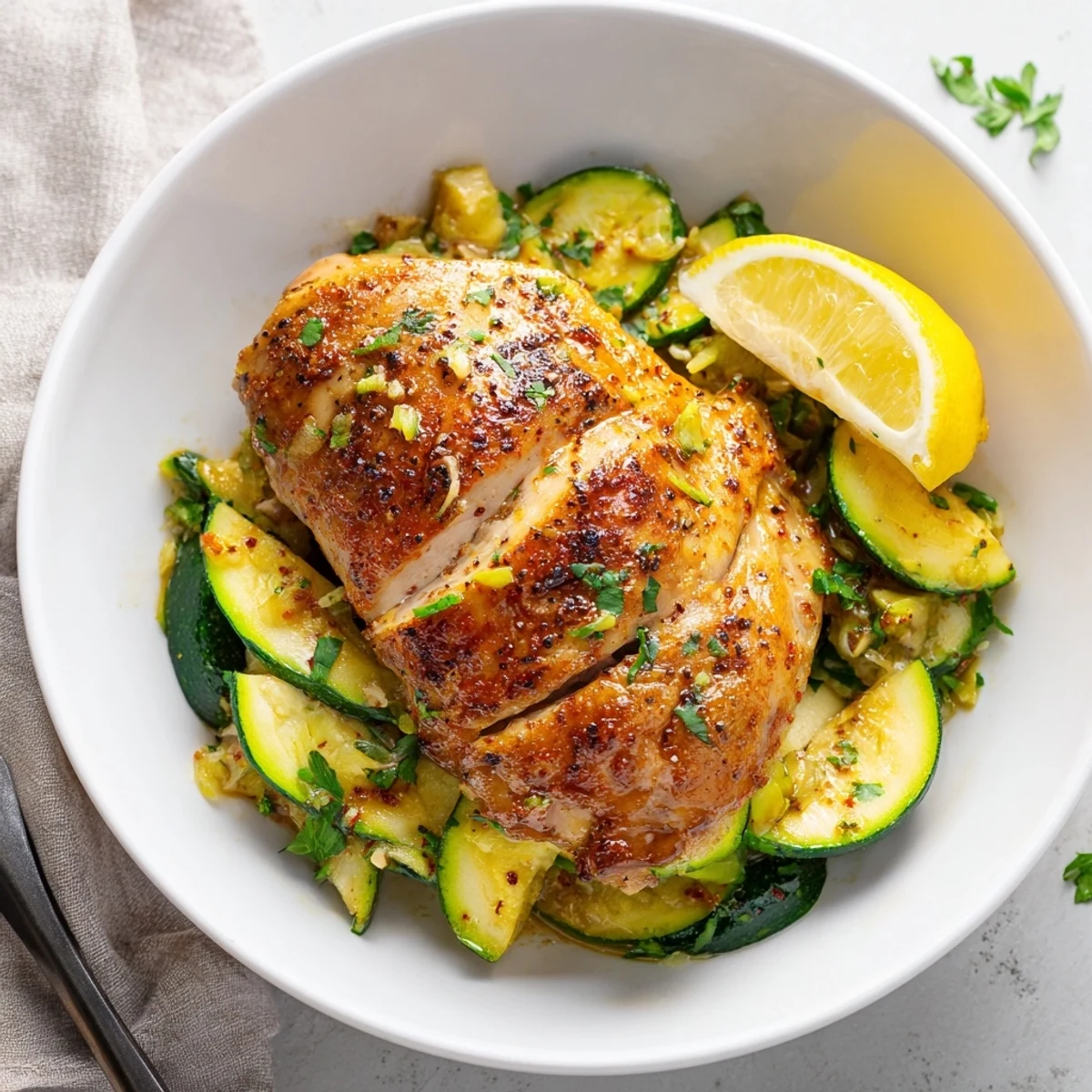 Asado Chicken With Lemon Zucchini Saute juicy, pan-seared thighs served atop bright zucchini.