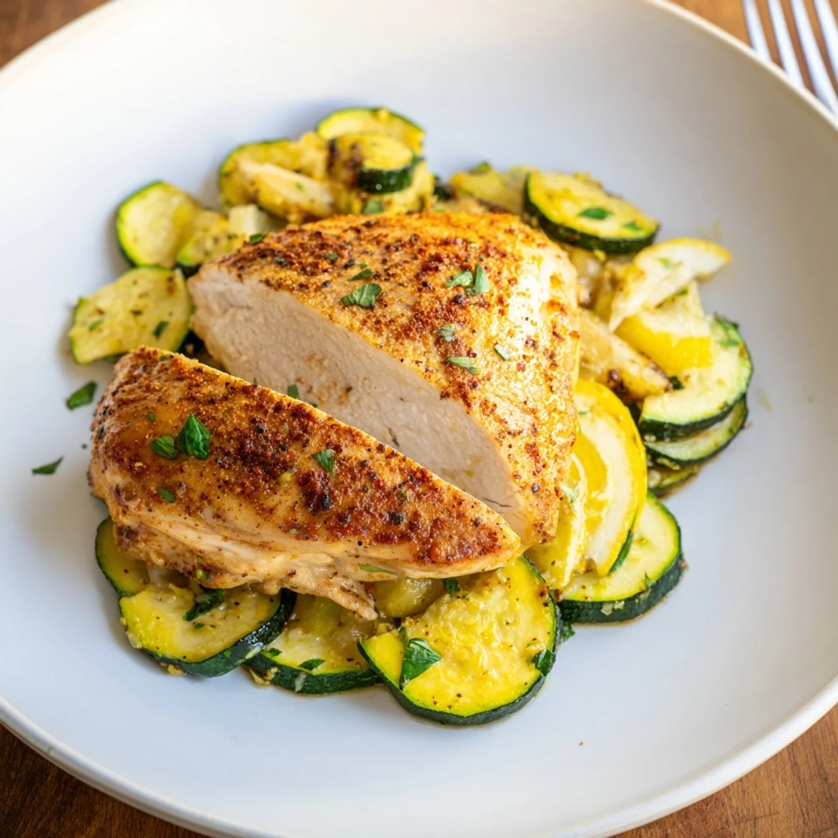 Warm garlic-scented zucchini and lemon wedges beside Asado Chicken With Lemon Zucchini Saute.
