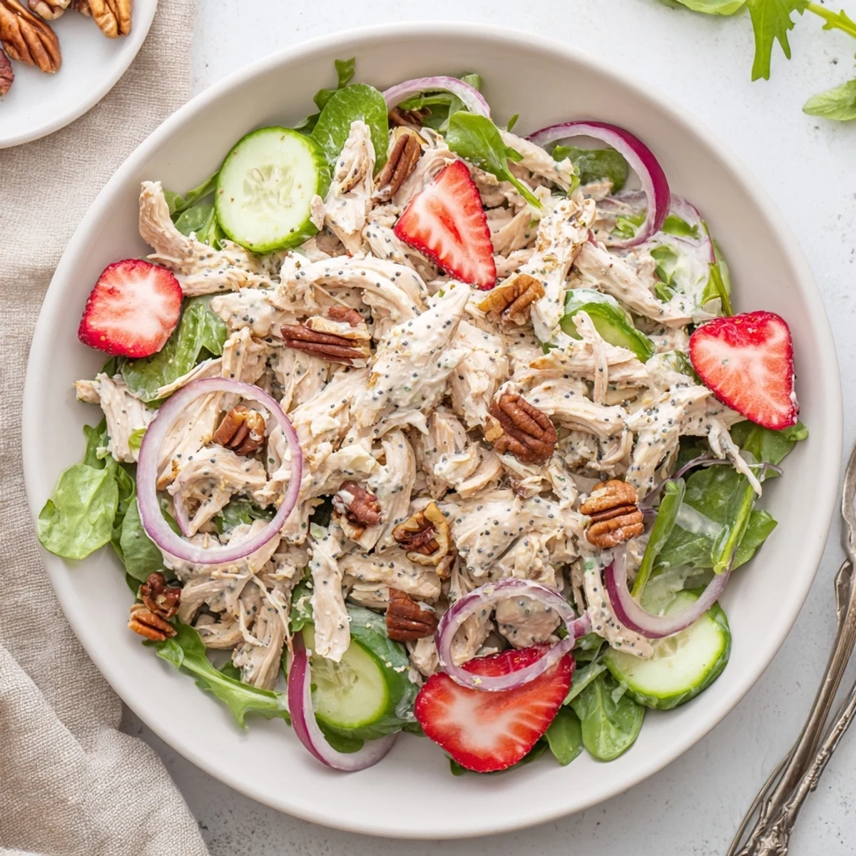 Bright Strawberry Poppy Seed Rotisserie Chicken Salad tossed with crisp greens, sliced cucumber