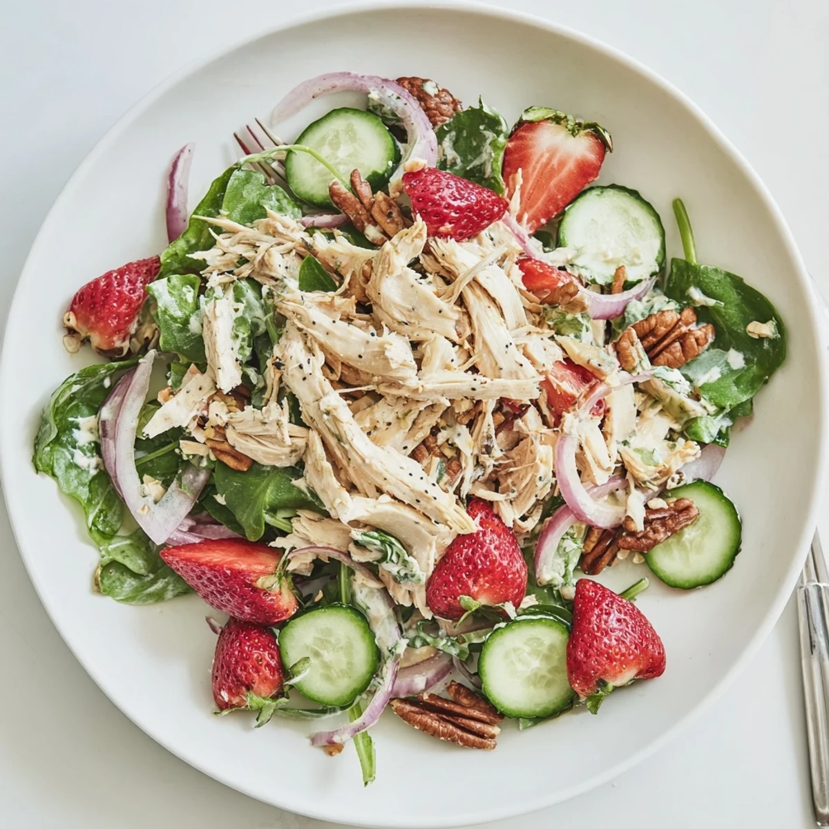 Strawberry Poppy Seed Rotisserie Chicken Salad: juicy strawberries, creamy dressing, crunchy pecans