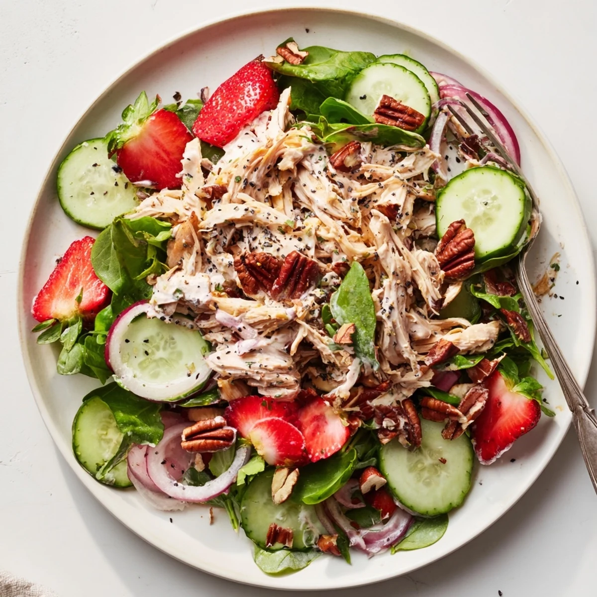 Light Strawberry Poppy Seed Rotisserie Chicken Salad served chilled with tangy honey Dijon dressing