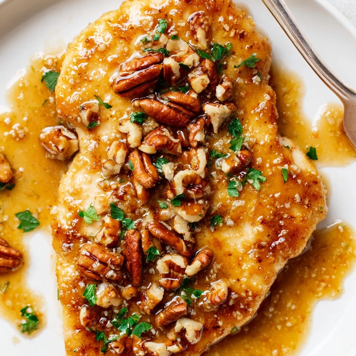 Sliced in skillet, Honey Garlic Pecan Chicken sizzling with fragrant buttery garlic
