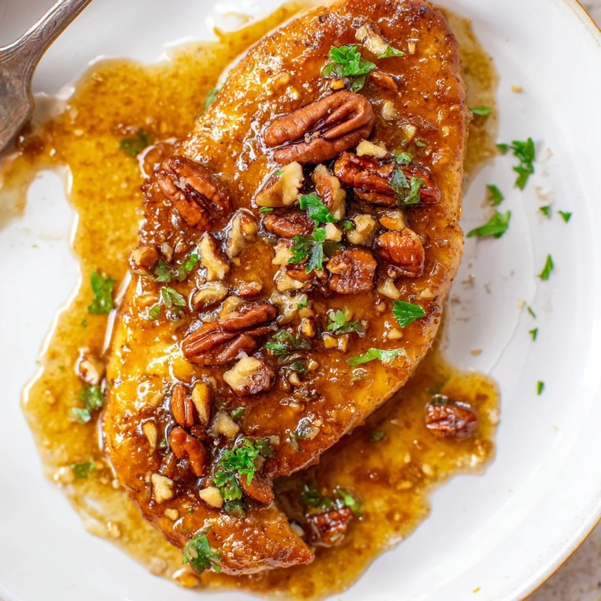 Warm Honey Garlic Pecan Chicken topped with crunchy toasted pecans and parsley