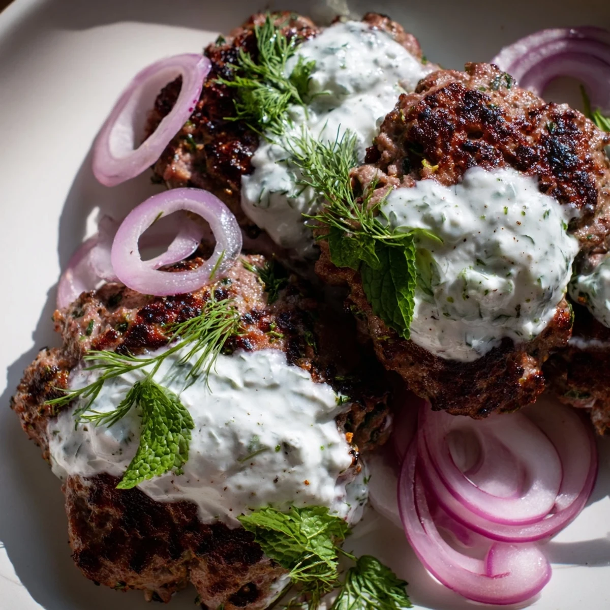 Golden smashed beef kebabs with crispy edges served alongside cool cucumber yogurt sauce