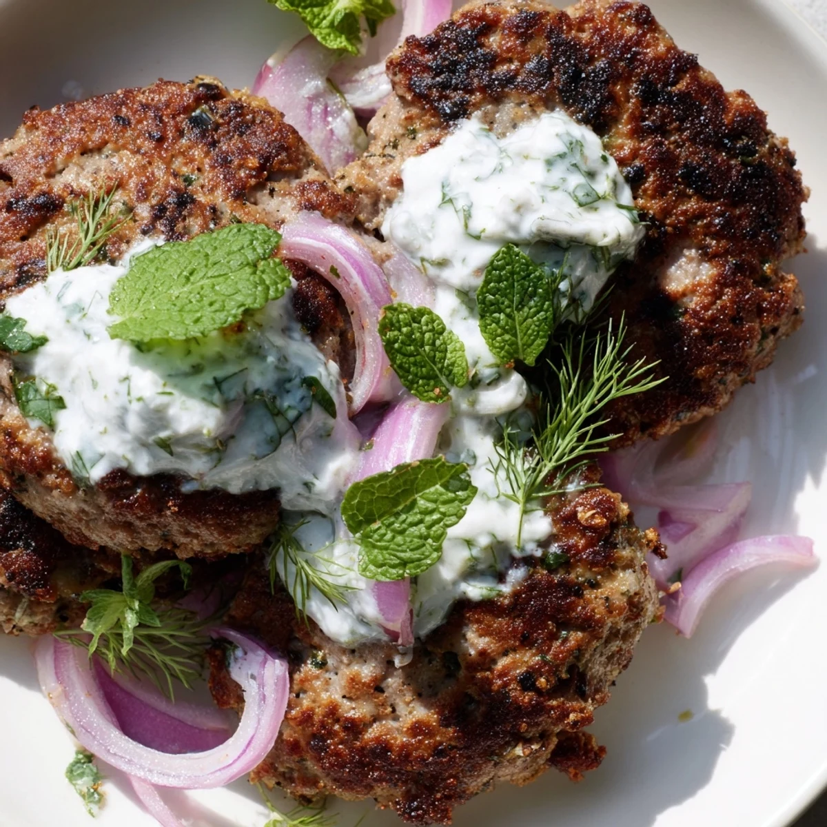 Juicy Middle Eastern smashed beef kebabs seared to perfection with creamy cucumber yogurt topping