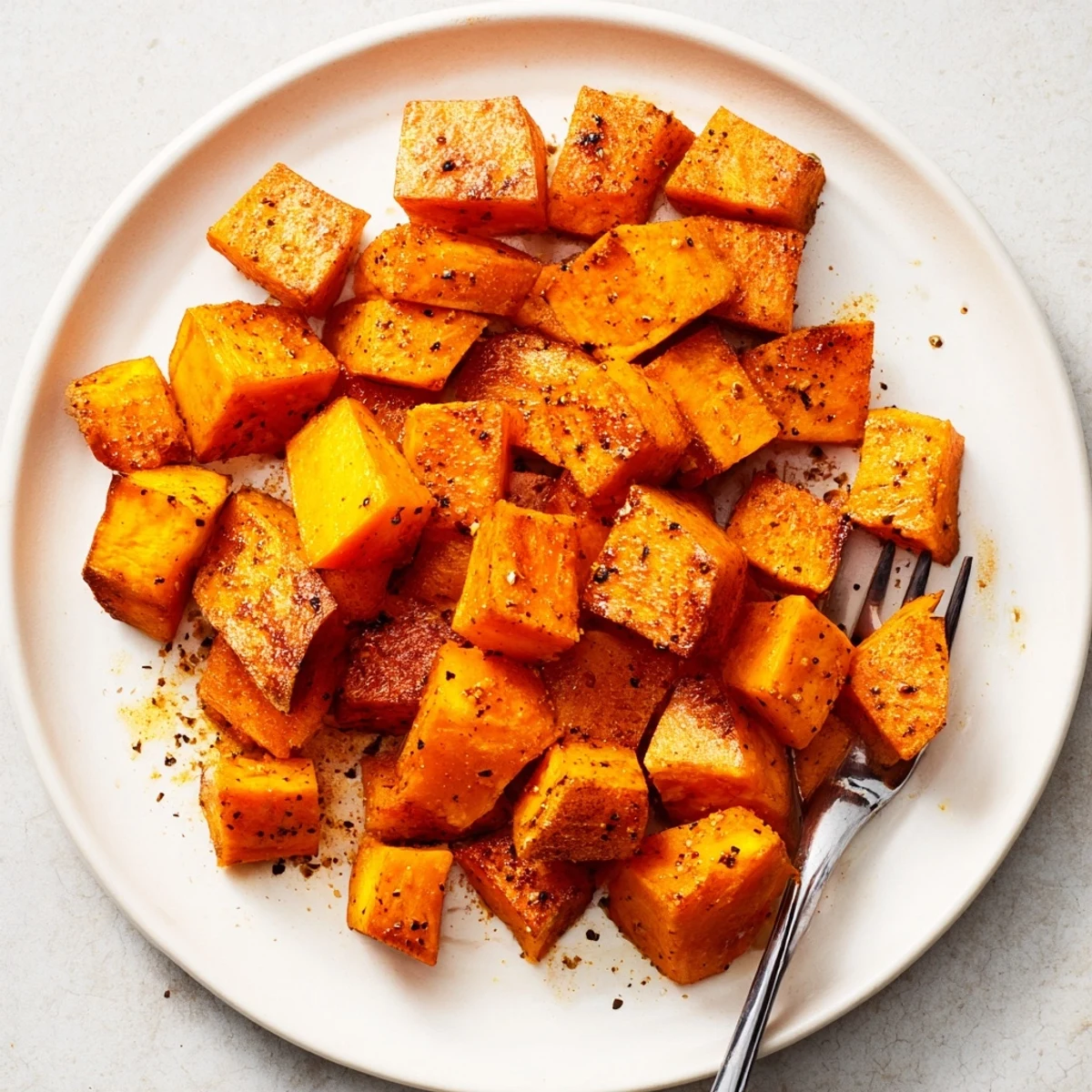 Bowl of seasoned sweet potato cubes ready for air frying, coated in olive oil and aromatic spices