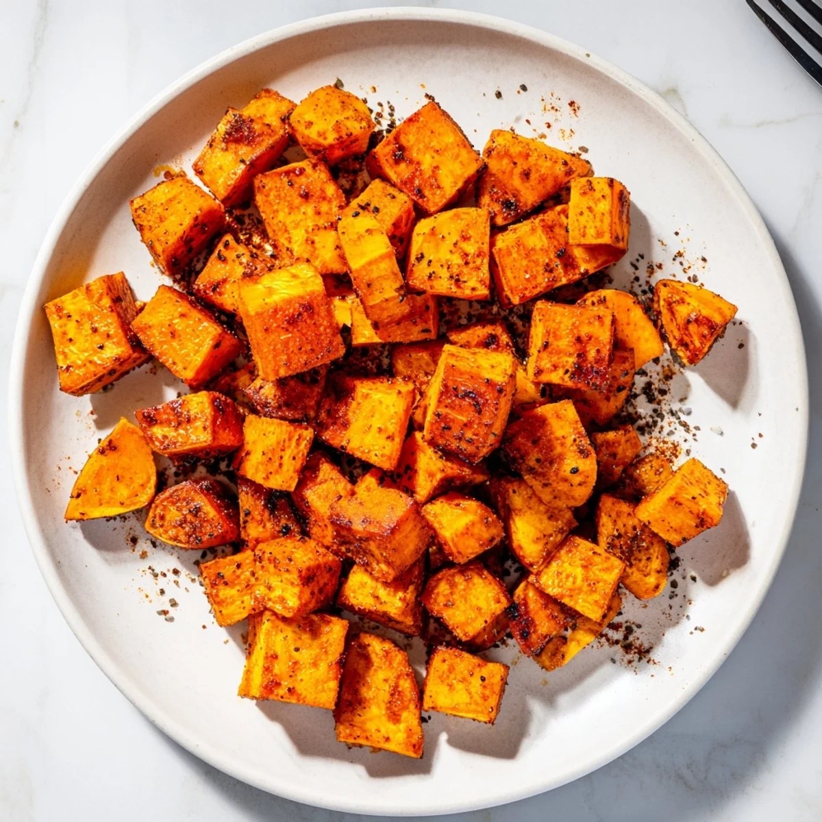 Golden air fryer sweet potato cubes with crispy edges and tender centers, seasoned with smoked paprika