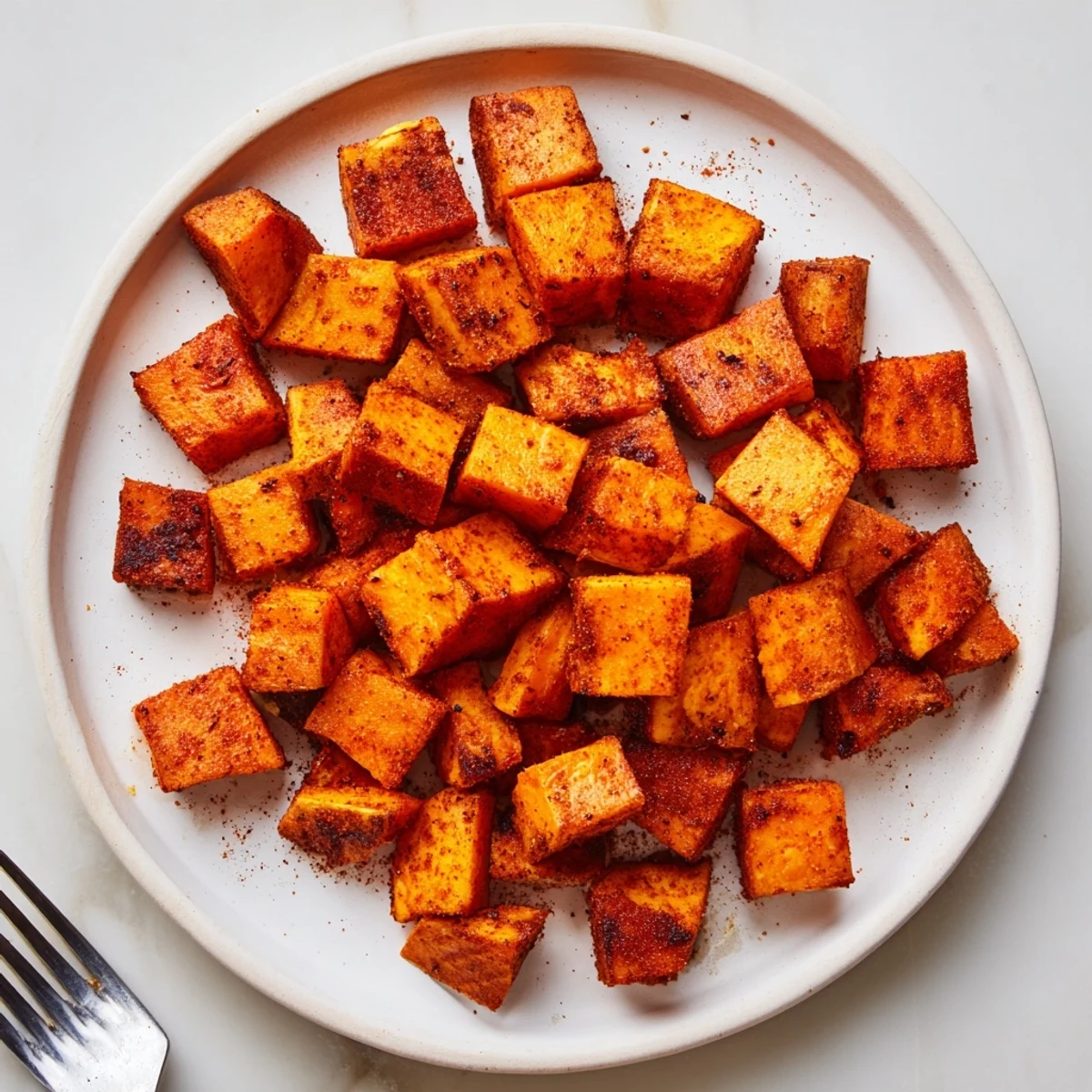 Perfectly cooked air fryer sweet potato cubes arranged on a white plate, featuring golden brown crispy exteriors