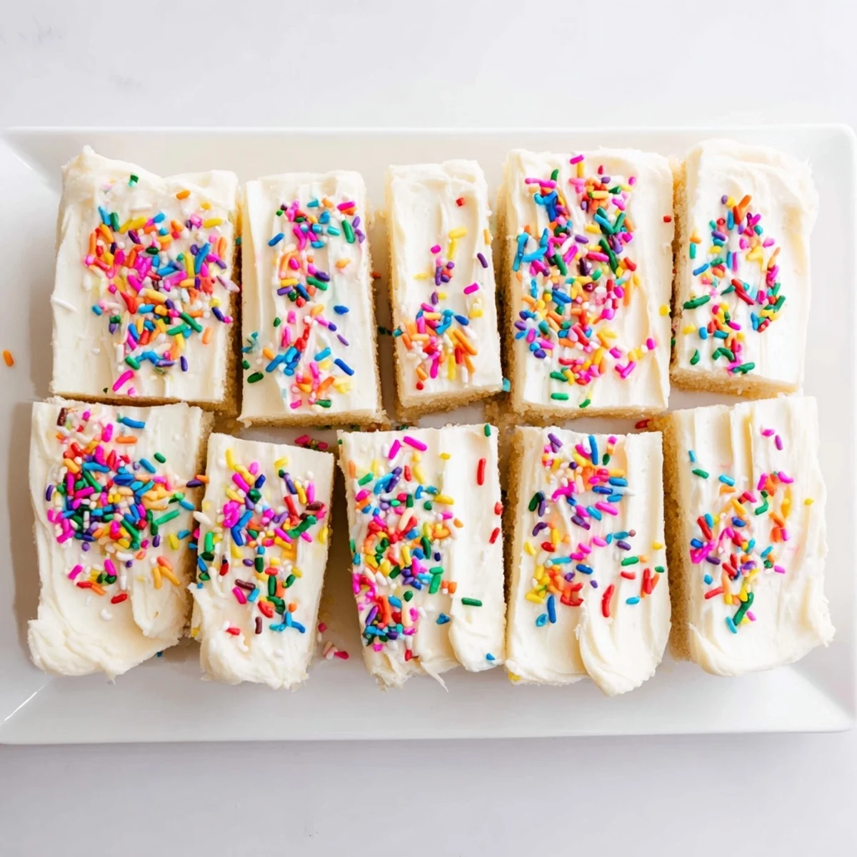 Buttery sugar cookie bars topped with creamy white frosting and rainbow sprinkles for parties
