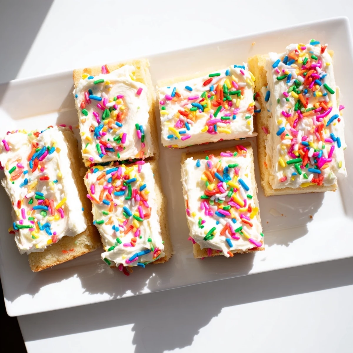 Soft frosted sugar cookie bars with colorful sprinkles on a white serving plate