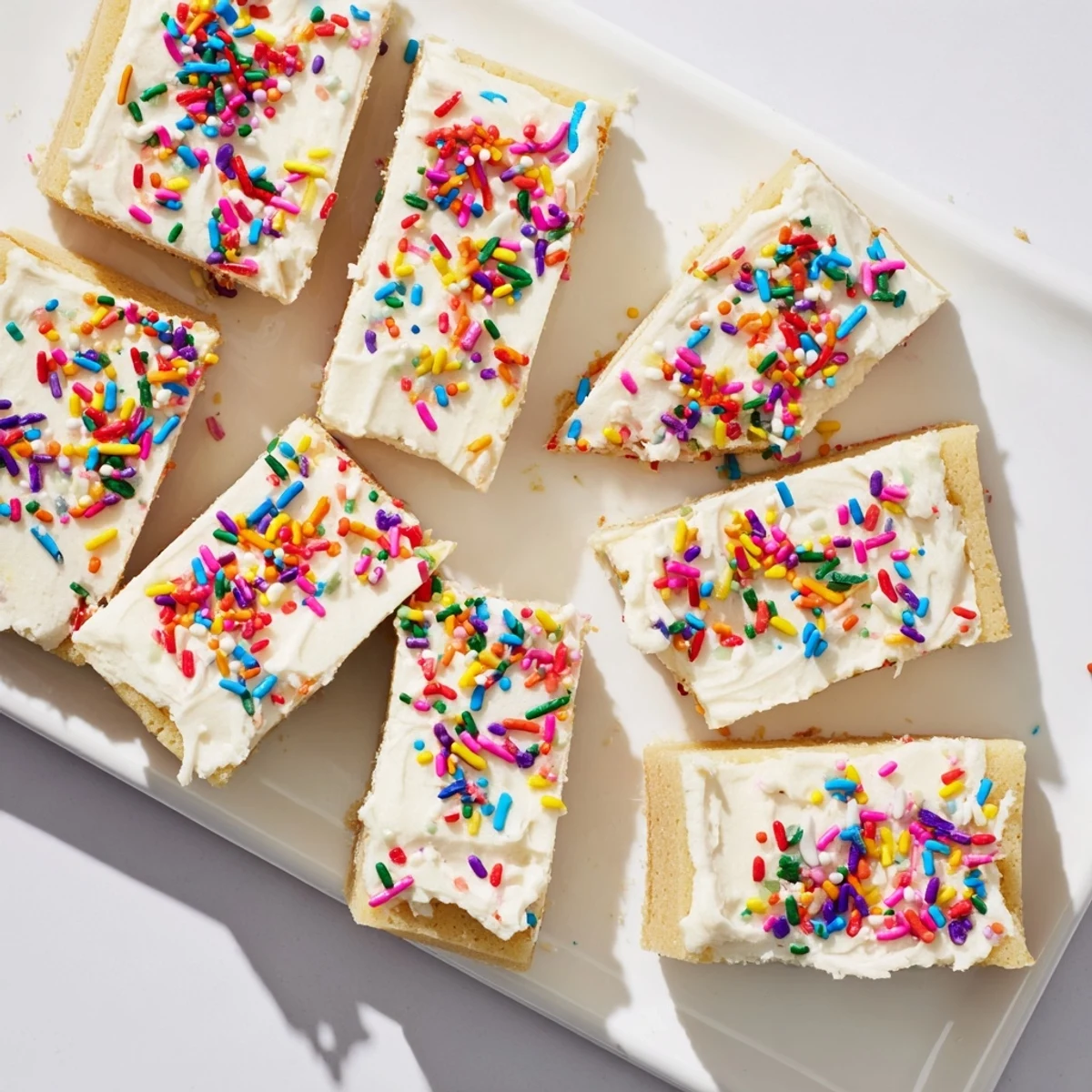Homemade sugar cookie bars spread with smooth vanilla frosting and festive colorful sprinkles
