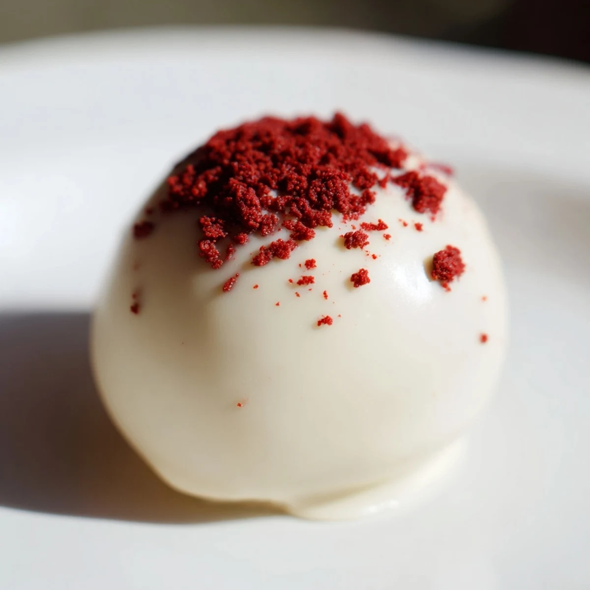 Bite-sized red velvet cheesecake balls coated in smooth white chocolate with colorful sprinkles