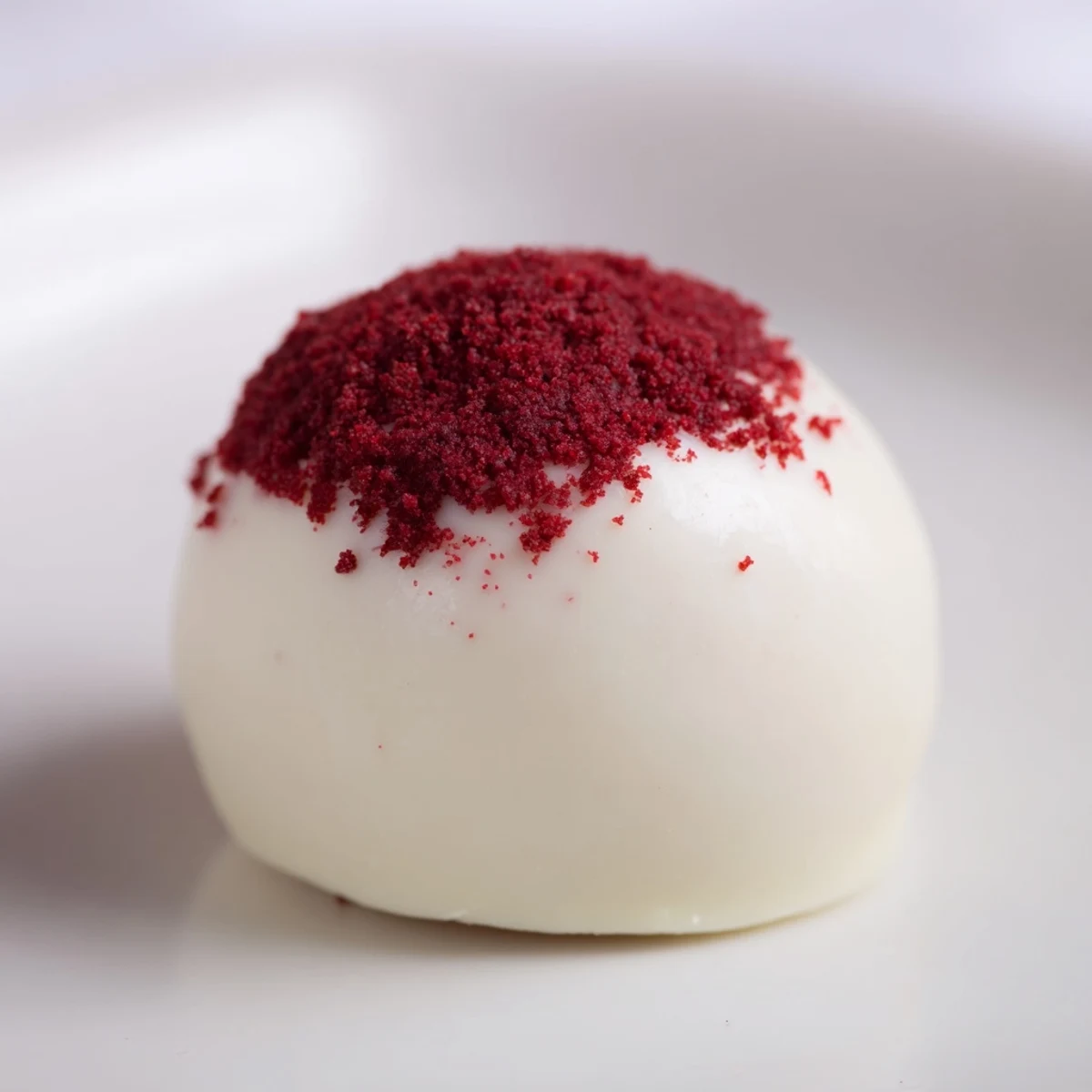 Hand-dipped red velvet cheesecake balls in melted chocolate topped with festive red sprinkles