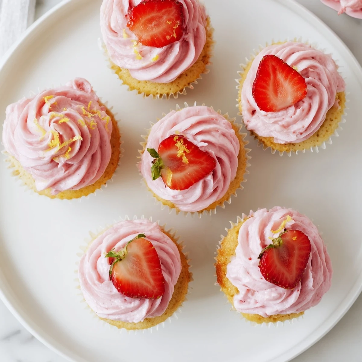 Golden lemon cupcakes swirled with creamy pink strawberry frosting and fresh strawberry halves