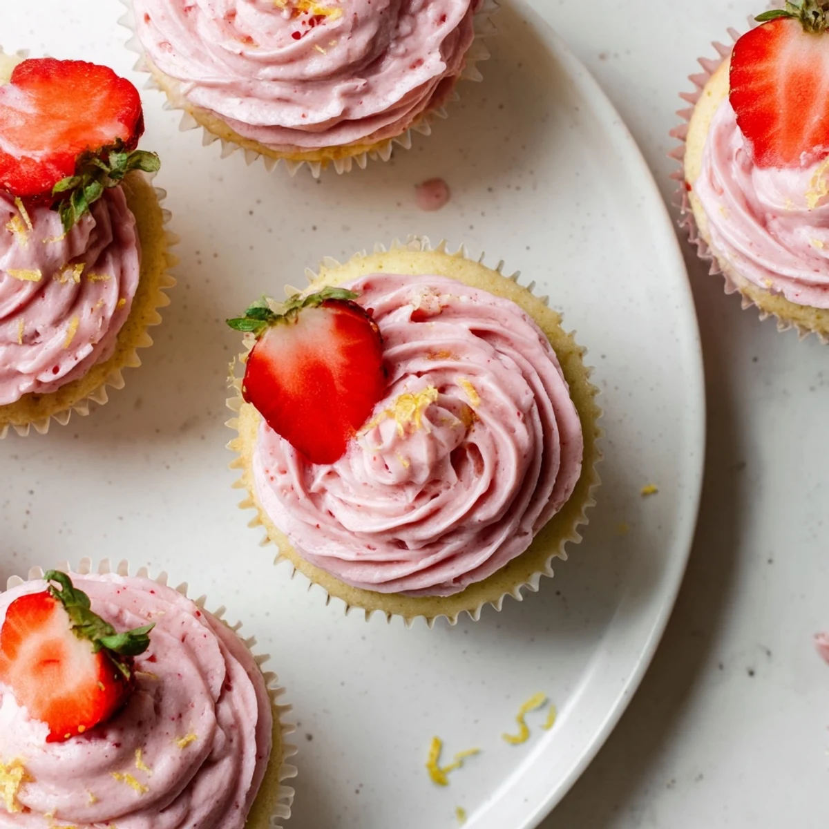 Summer dessert table featuring bright strawberry lemonade cupcakes with luscious pink frosting decoration