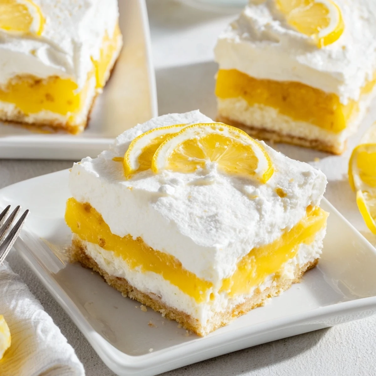 Golden lemon lush cake dessert layered with creamy cheesecake filling and fluffy whipped topping