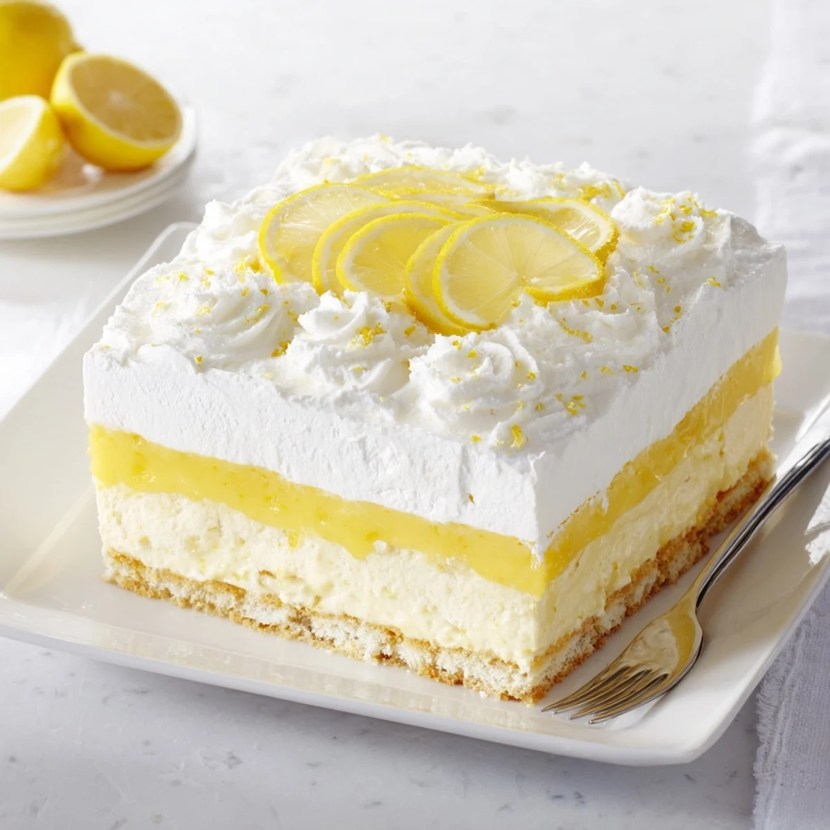 Ultimate lemon lush cake with tangy layers topped with whipped cream and lemon zest garnish