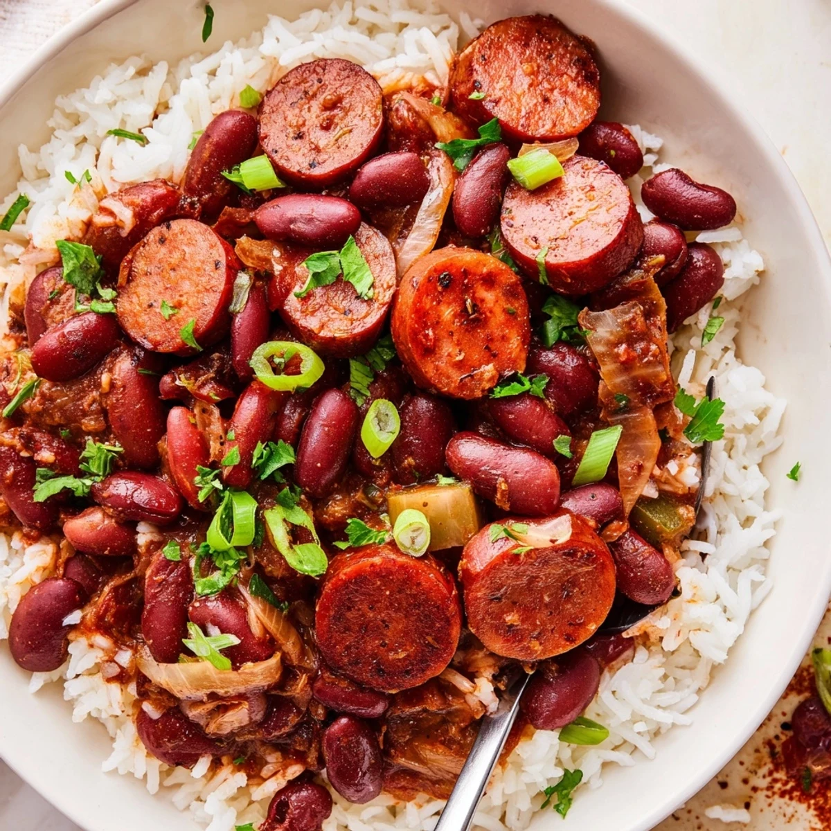 Red Beans and Rice simmering with smoky sausage, served over fluffy white rice