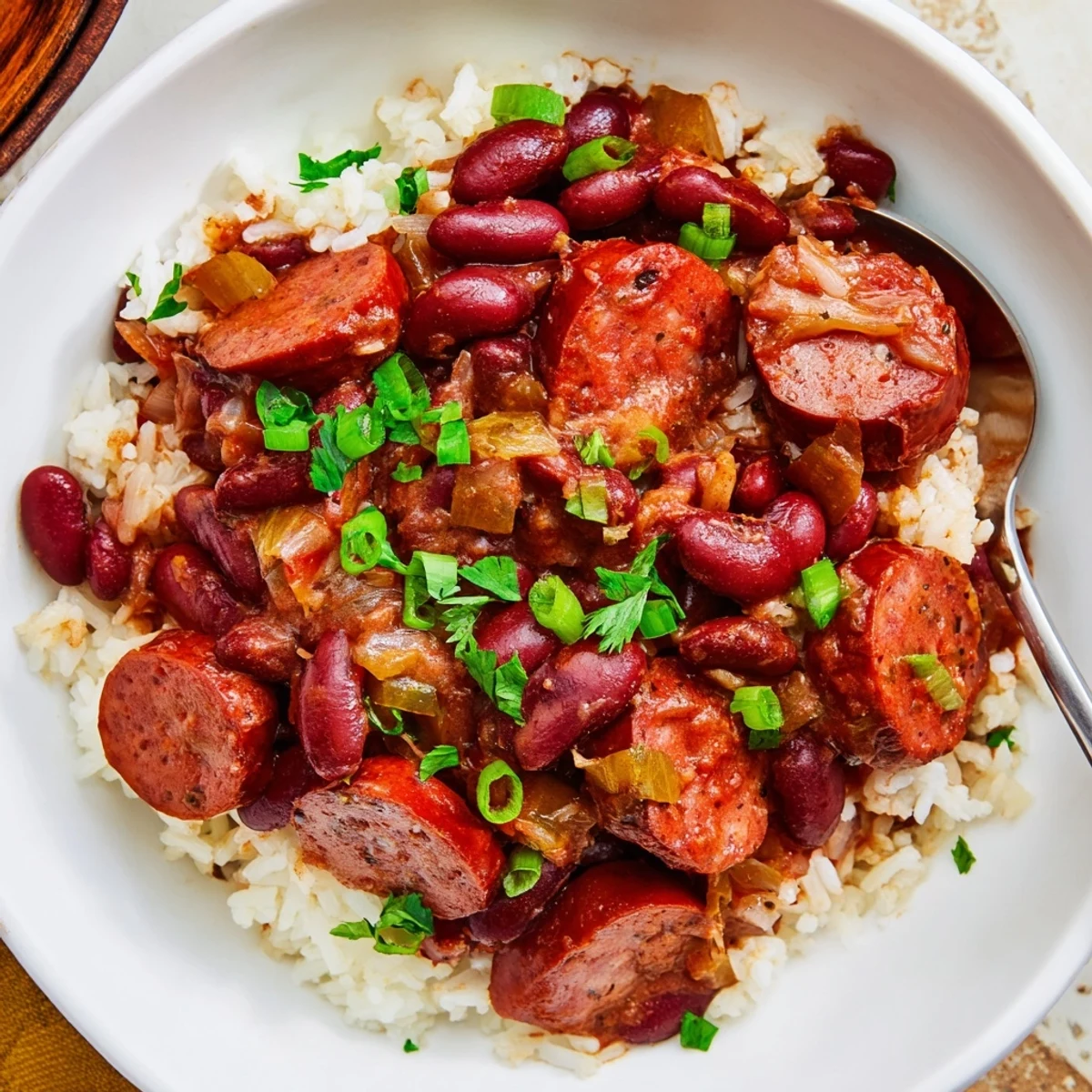 Creamy Red Beans and Rice in a deep bowl, garnished with parsley