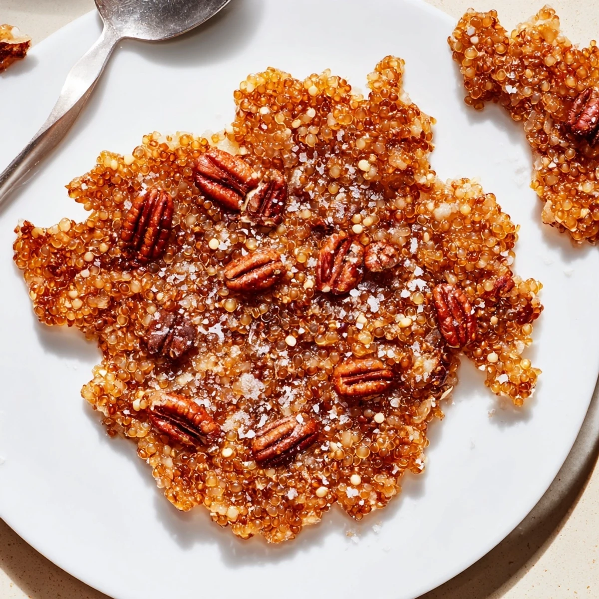 Crunchy Sea Salted Quinoa Pecan Brittle on parchment, toasted pecans gleaming.