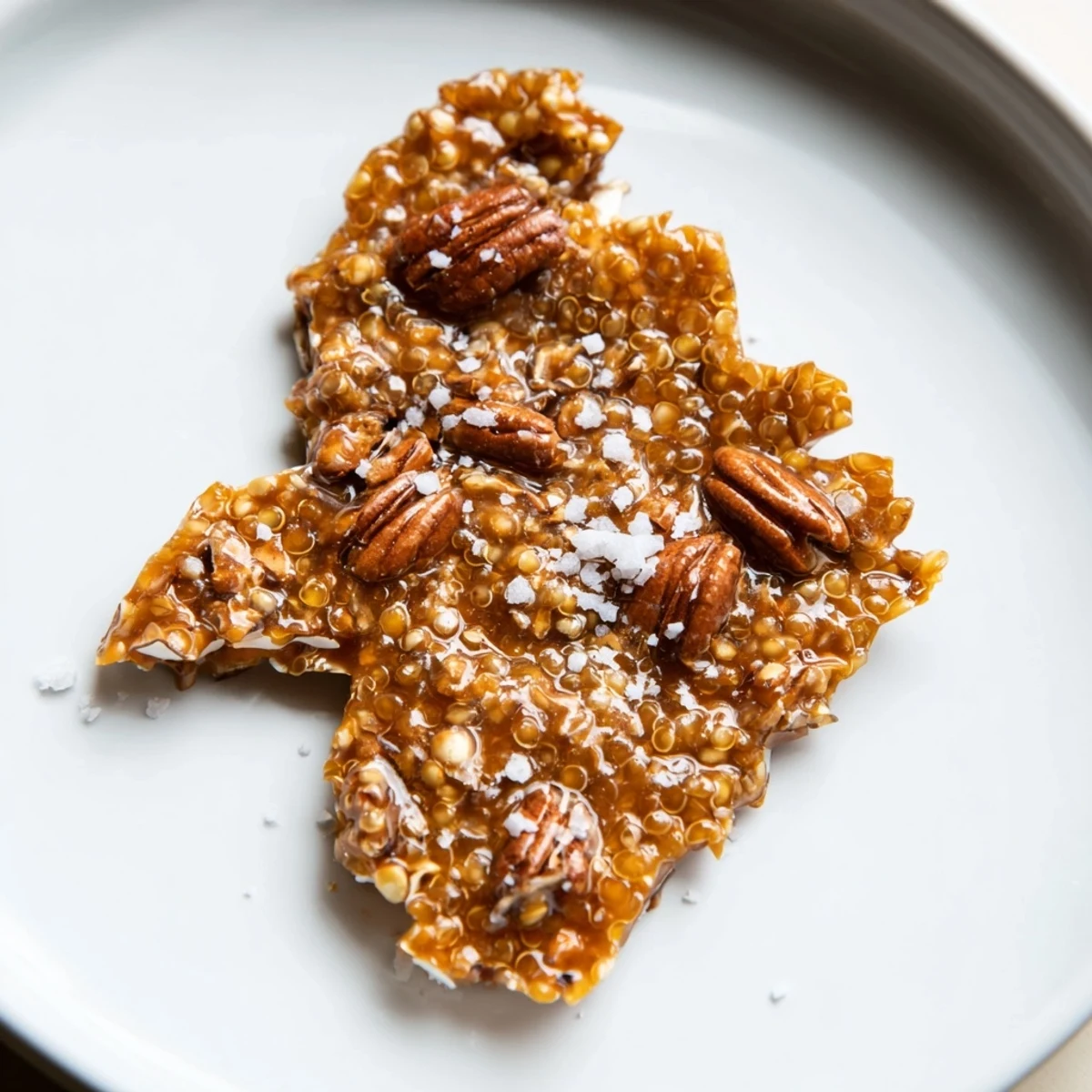 Broken pieces of Sea Salted Quinoa Pecan Brittle dusted with flaky salt.