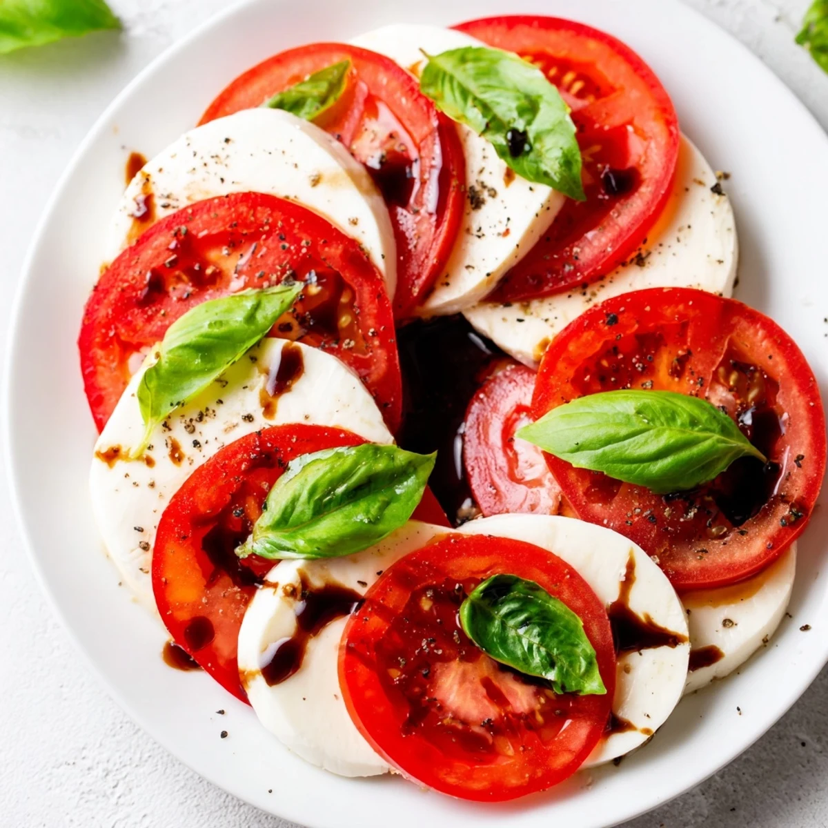 Classic Caprese Salad layered with ripe tomatoes and creamy mozzarella, aromatic basil.