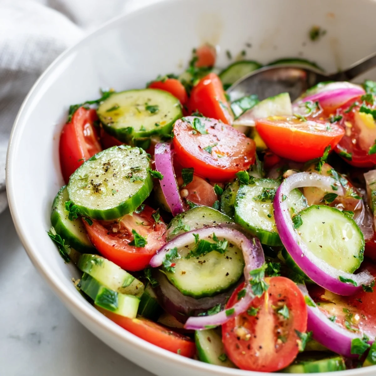 Cucumber Tomato Salad glistening with vinaigrette, crisp cucumbers and juicy tomatoes.