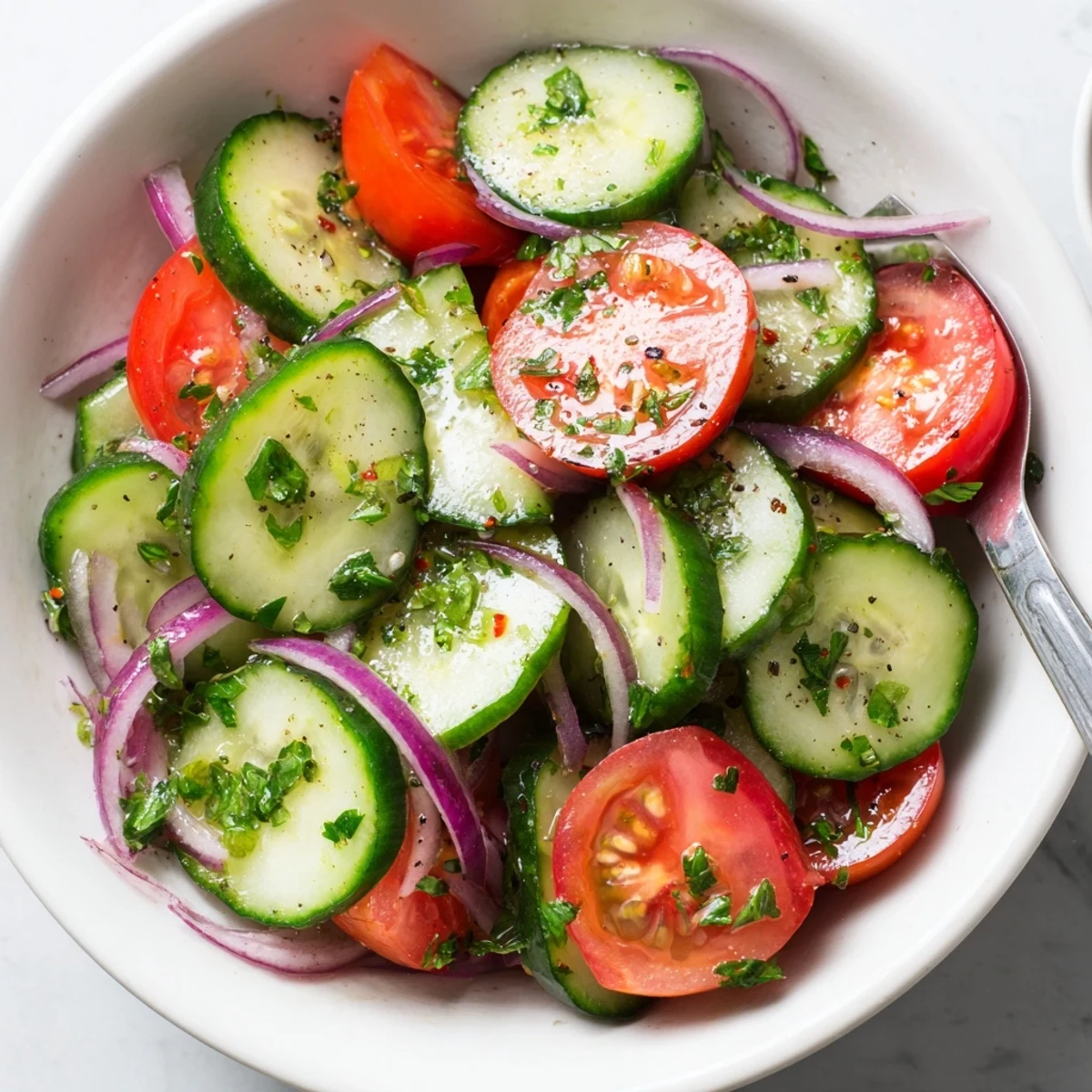 Simple Cucumber Tomato Salad tossed with lemony olive oil, bright parsley.