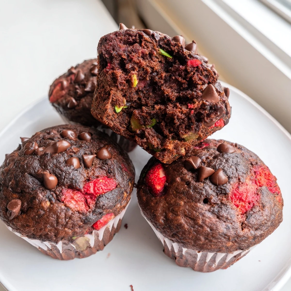 Rich chocolate zucchini strawberry muffins with melty chips on a rustic cooling rack