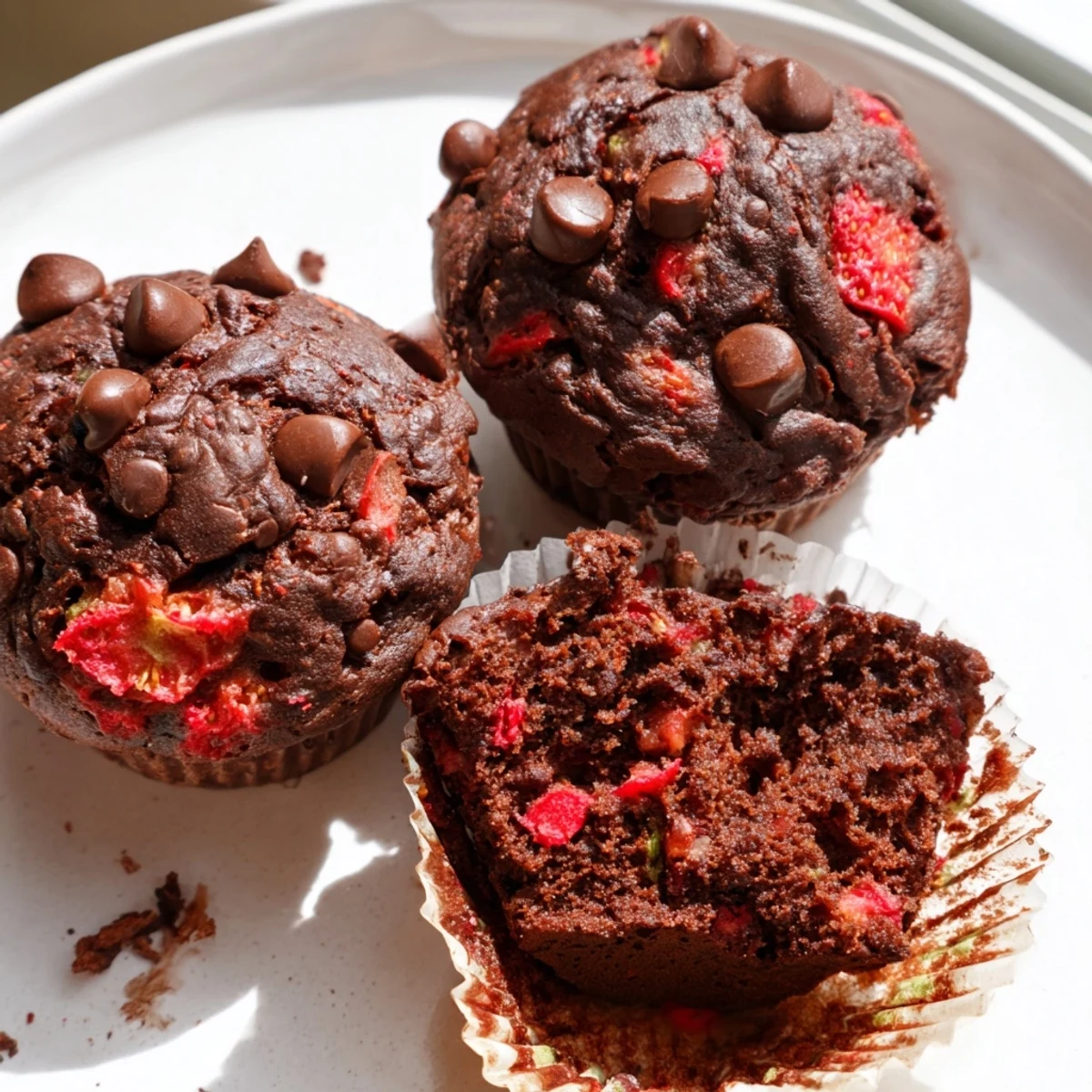 Moist chocolate zucchini strawberry muffins fresh from the oven, tops cracked and golden