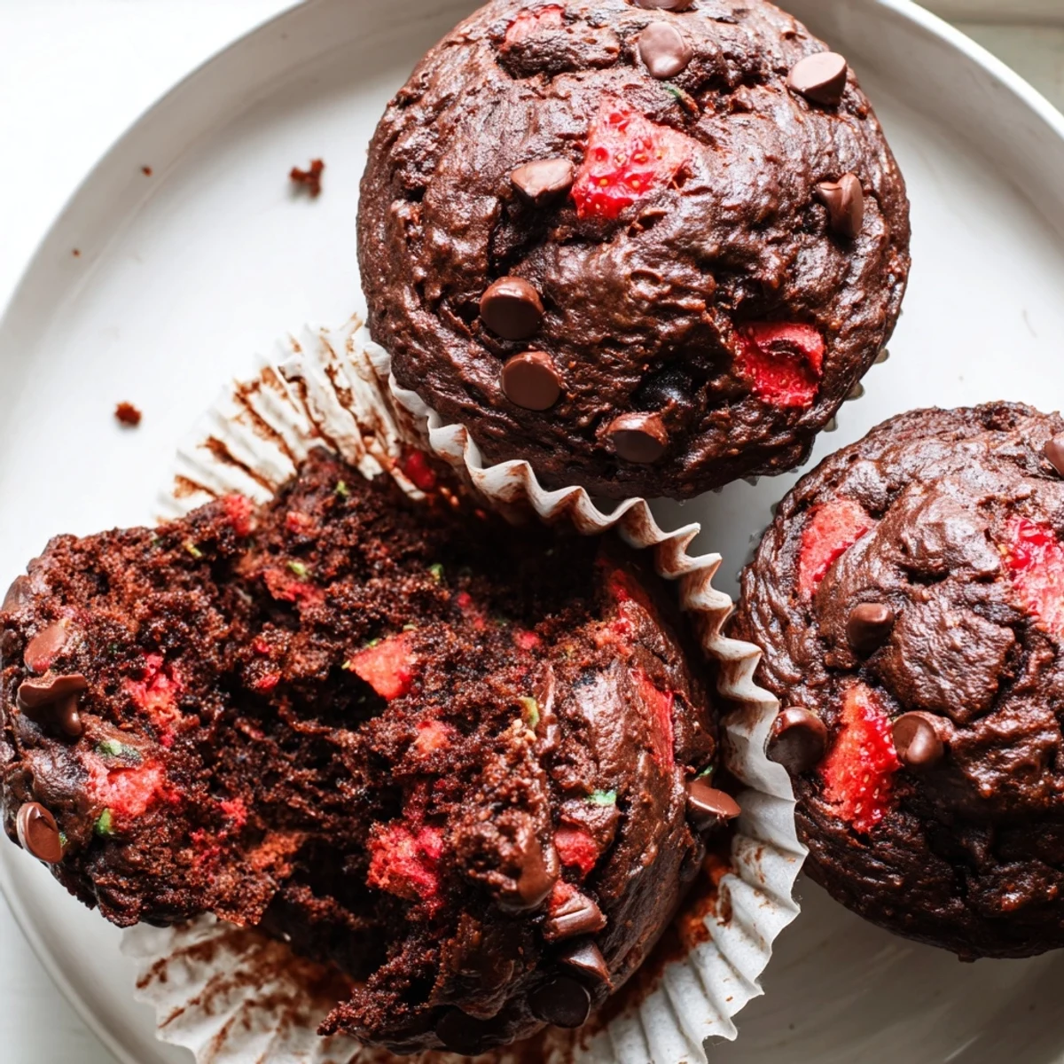 Double chocolate zucchini strawberry muffins served on a plate with a napkin alongside