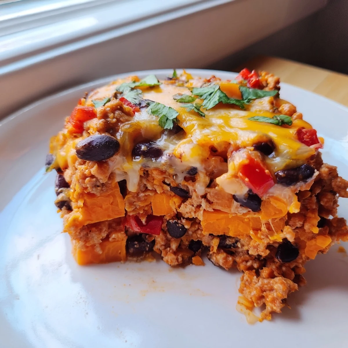 Bubbling sweet potato turkey black bean bake scooped into a rustic white casserole dish