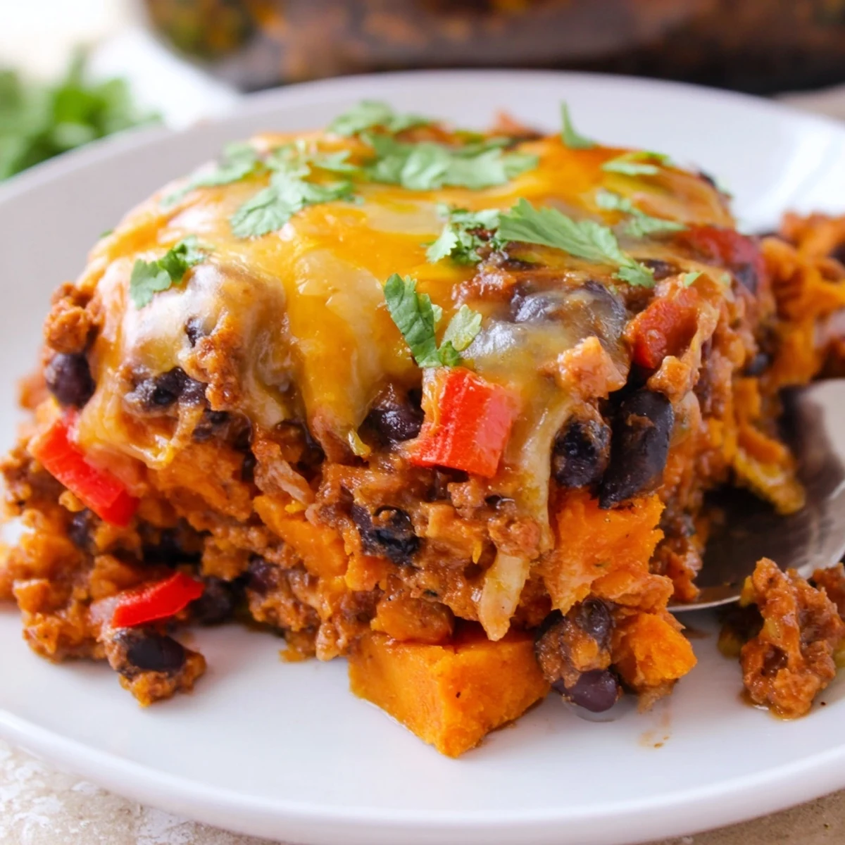Golden sweet potato turkey black bean bake with melted cheese and fresh cilantro on top