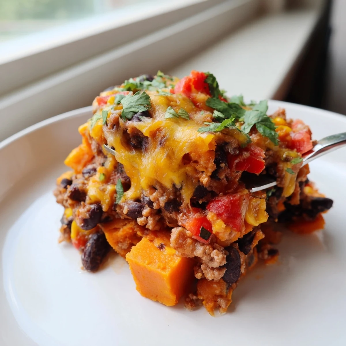 Creamy sweet potato turkey black bean bake garnished with sour cream and bright green cilantro