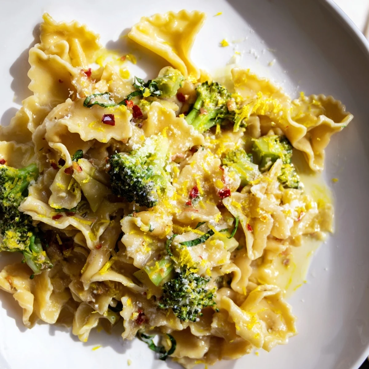 Twirled mafaldine limone broccoli pasta glistening with bright lemon sauce and tender green florets