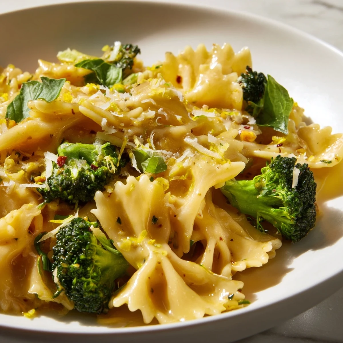 Steaming bowl of mafaldine limone broccoli pasta topped with freshly grated Parmigiano-Reggiano and basil